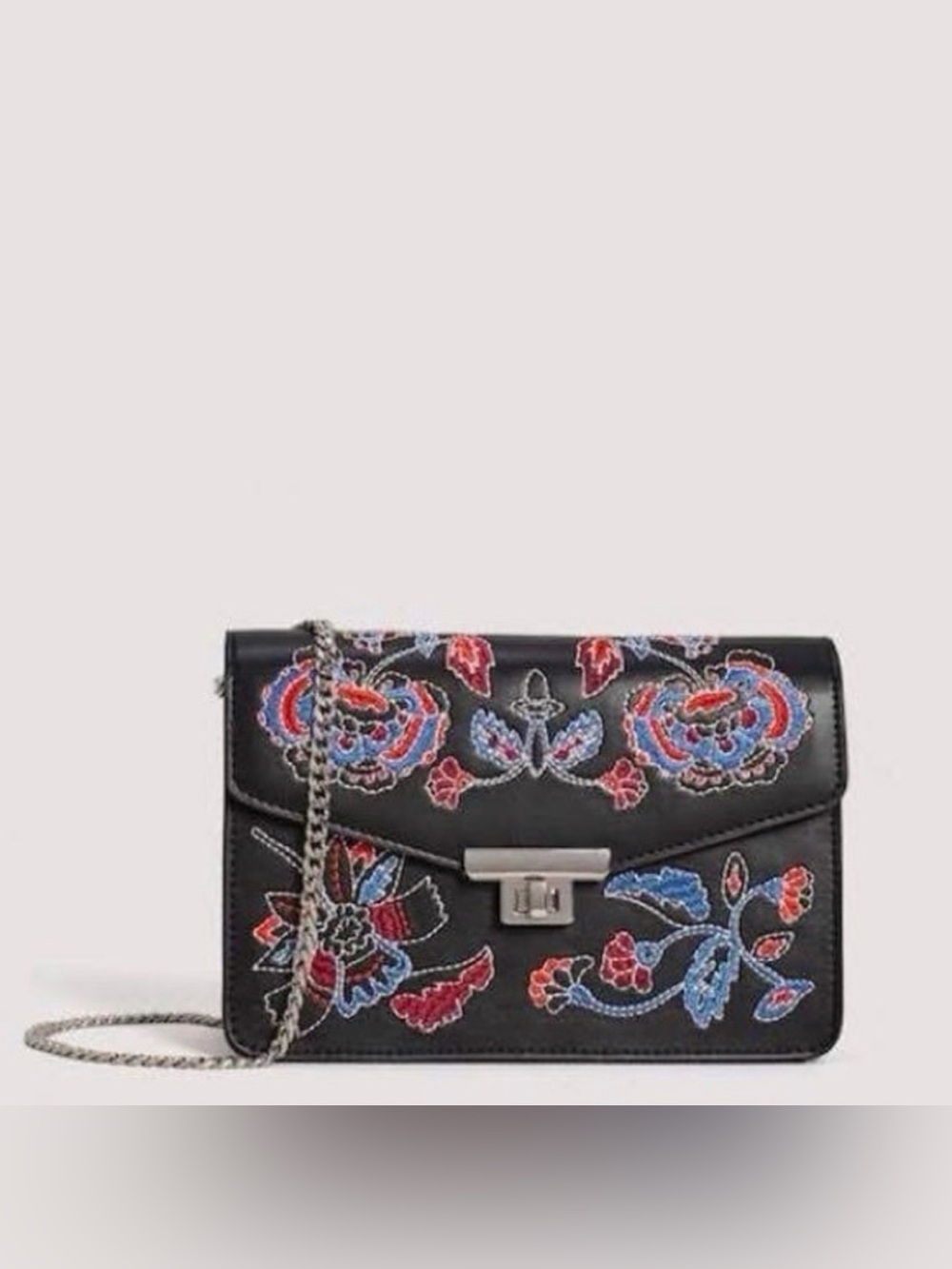Mango Black Ornate Floral Embroidered Chain Strap Crossbody Purse Shoulder Bag